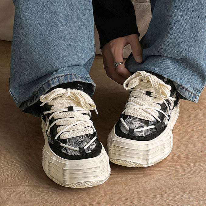 Melted platform denim sneakers camo round toe chunky skater shoes grunge jean trainers