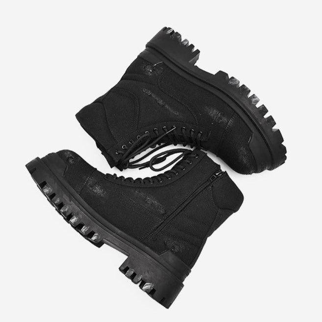 Grunge denim boots black ripped jean ankle shoes tractor sole hiking shoes edgy mountain trainers