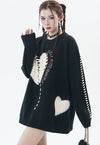 Heart patch sweater fleece jumper retro love top in black