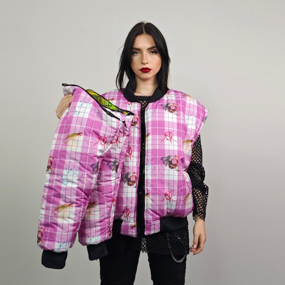Punk bomber pink check plaid jacket anarchy sign reversible college varsity detachable sleeves handmade grunge doll print festival rave coat
