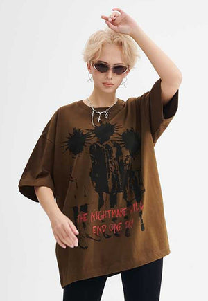 Punk cartoon t-shirt spiky hair tee retro grunge top brown