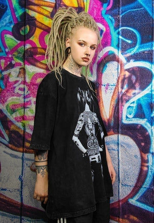 Tattoo t-shirt pinup girl print tee Anime top in acid black