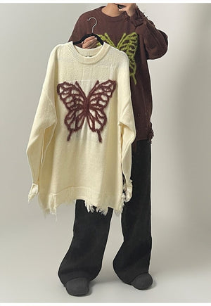 Ripped sweater cream butterfly jumper grunge knitted top