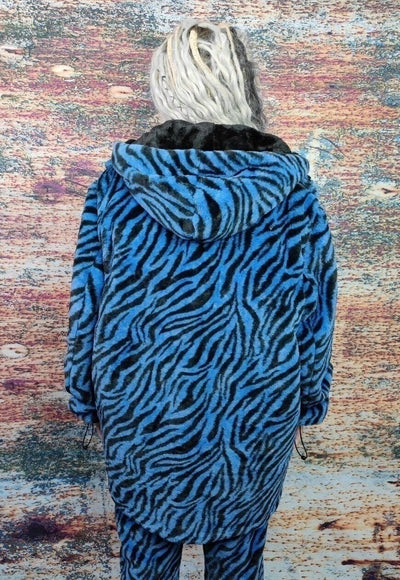 Zebra fleece coat handmade 2in1 stripe trench jacket in blue