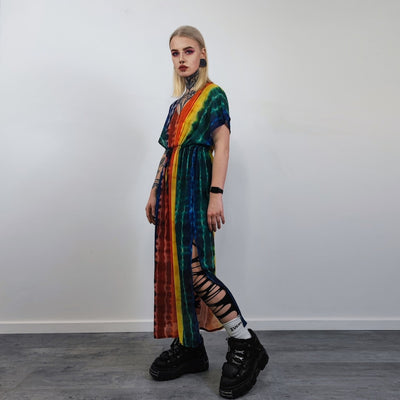 Transparent rainbow dress sleeveless Gay pride long gown side split LGBT sundress see-through tie-dye frock carnival sheath one size blouse