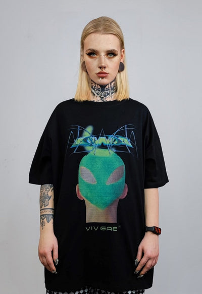 Raver print t-shirt techno tee futuristic cyber top in black