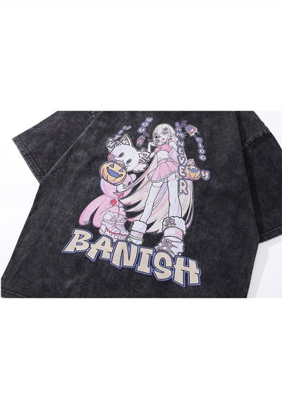 Anime t-shirt Japanese cartoon tee vintage wash top in grey