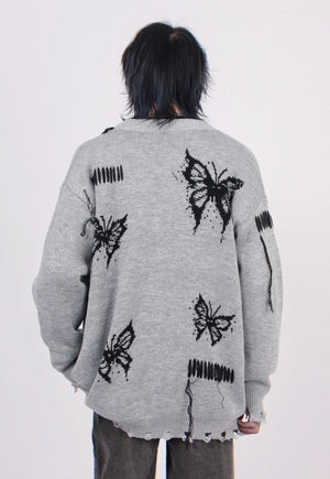 Gothic cardigan distressed jumper knitted butterfly top grey