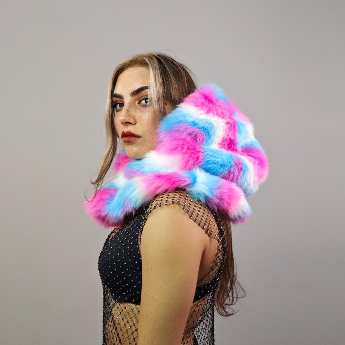 Pink faux fur hood rainbow snood handmade hooded party hat all over fluffy rave fleece scarf burning man striped bucket unicorn headwear