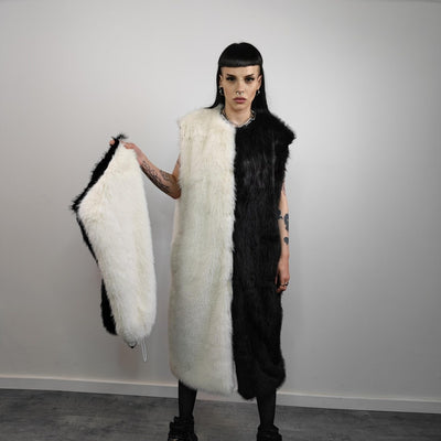 Long faux fur coat handmade fluffy luxury contrast bomber premium split fleece jacket detachable sleeve catwalk trench in cream black