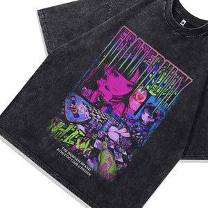 Cute anime girl t-shirt Japanese cartoon tee fraternity slogan top in vintage grey