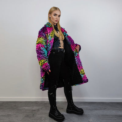 Tie-dye Faux fur leopard coat rainbow long trench marshmallow raver jacket fluffy cheetah fleece festival bomber burning man coat pink blue