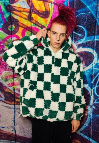 Check fleece hood jacket handmade fluffy chess bomber green