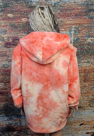 Tie-dye fleece coat handmade 2in1 hooded trench jacket red