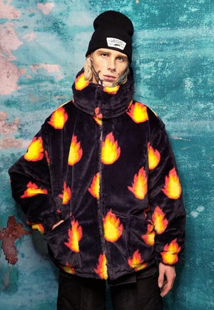 Flame bomber jacket handmade reversible fleece puffer black