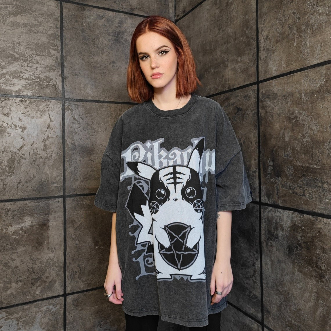 Pokemon t-shirt premium vintage wash Pikachu tee retro Nintendo grunge top Gothic cartoon jumper in acid grey