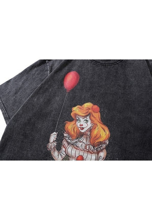 Creepy clown t-shirt old horror carton tee retro top in grey