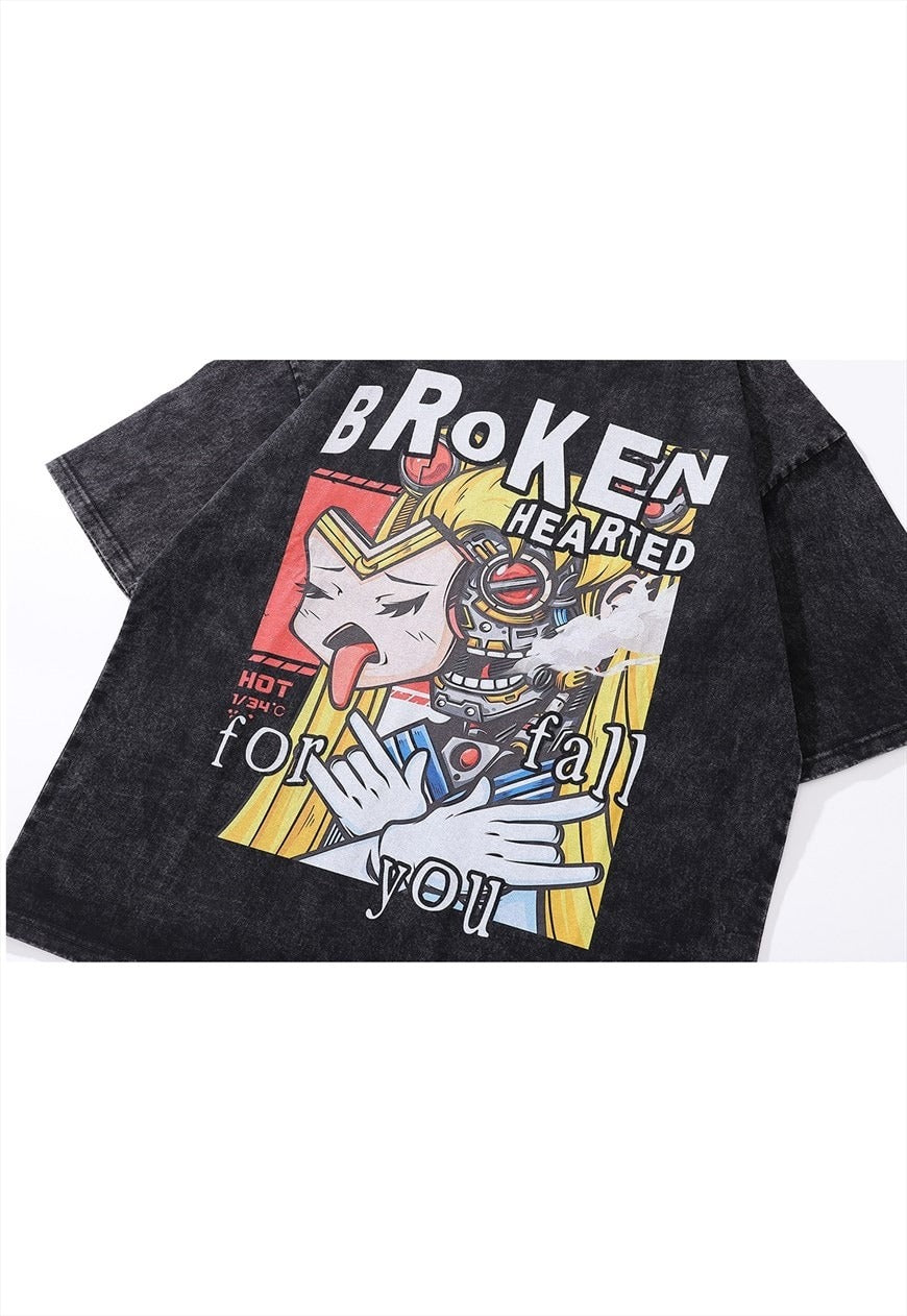 Anime t-shirt retro Japanese top in grey