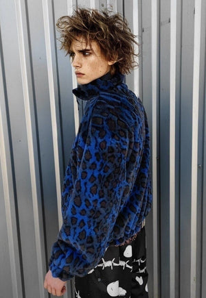 Reversible leopard fleece jacket blue handmade animal coat