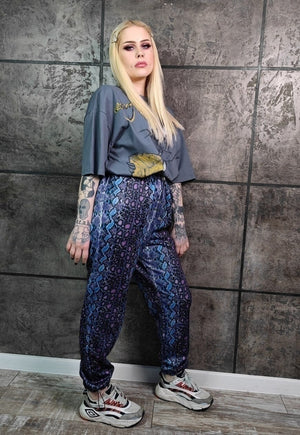 Snake print joggers handmade Python overalls in purple blue