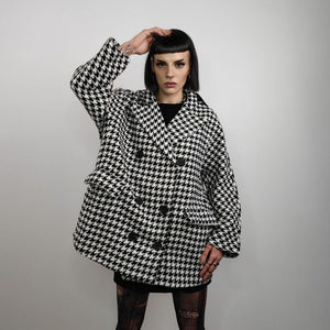 Houndstooth jacket Chequerboard outdoor blazer SKA aviator chess pattern coat dogtooth double breasted pea coat in black and white