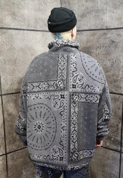 Paisley fleece bomber handmade fauxfur 70s bandana coat grey