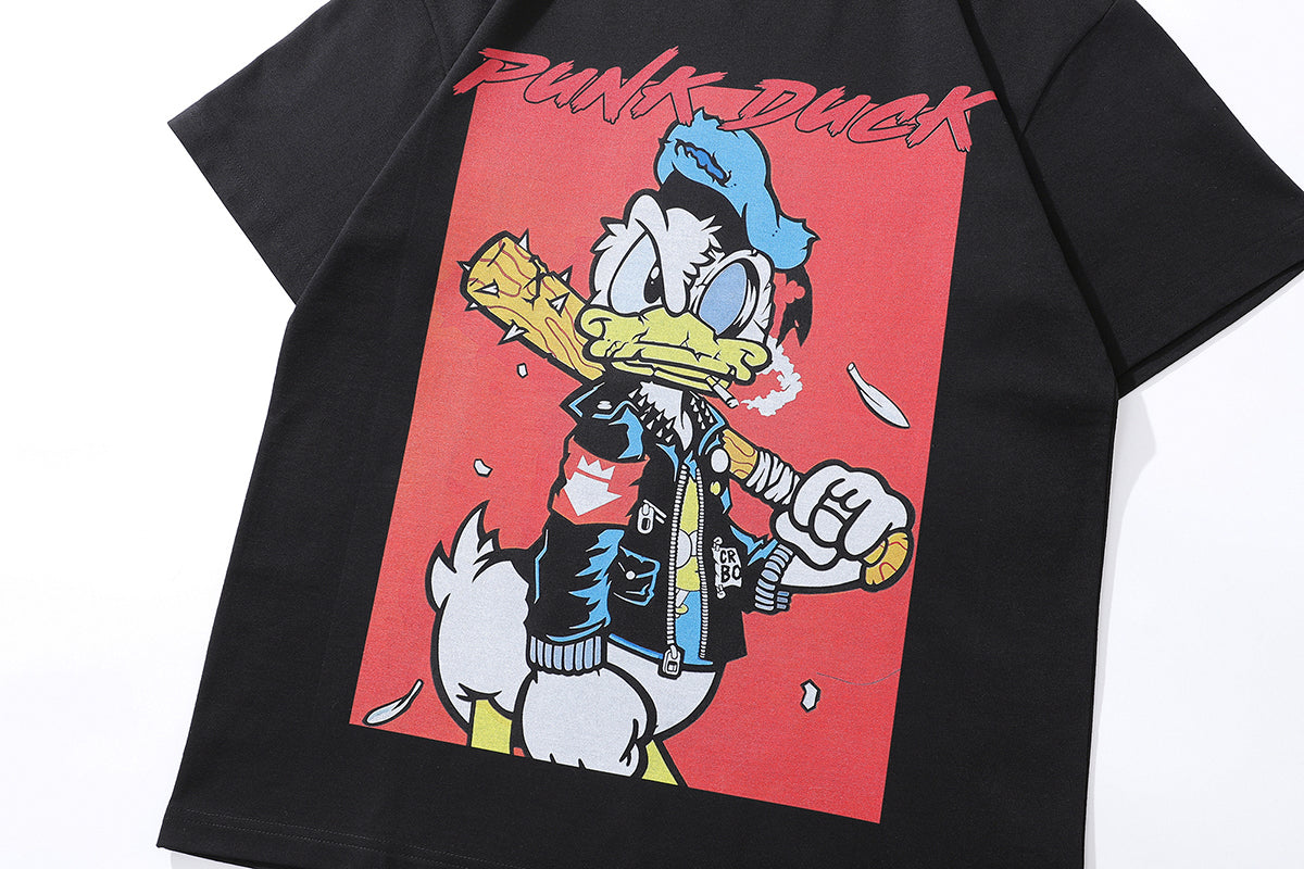 Punk cartoon t-shirt duck print tee retro American top in vintage grey