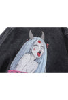 Devil print hoodie anime pullover Japanese cartoon top grey