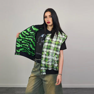 Spider web print bomber green plaid check jacket punk reversible college varsity detachable sleeves handmade creepy grunge tartan coat