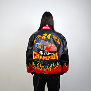 Flame patchwork racing jacket vintage faux leather varsity Japanese style motorsports F1 bomber burning fire embroidered formula one coat