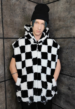 Checkerboard fleece gilet handmade check hoodie jacket white