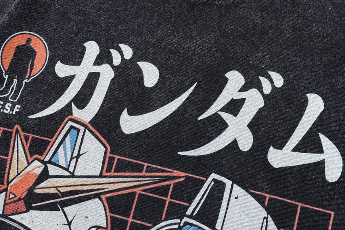 Robot print t-shirt anime tee retro Japanese top in vintage grey