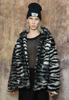 Faux fur zebra coat tie-dye stripe fleece bomber jacket grey