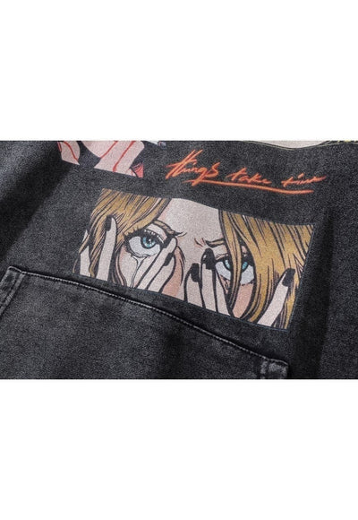 I-girl cartoon hoodie anime pullover female top in acid grey