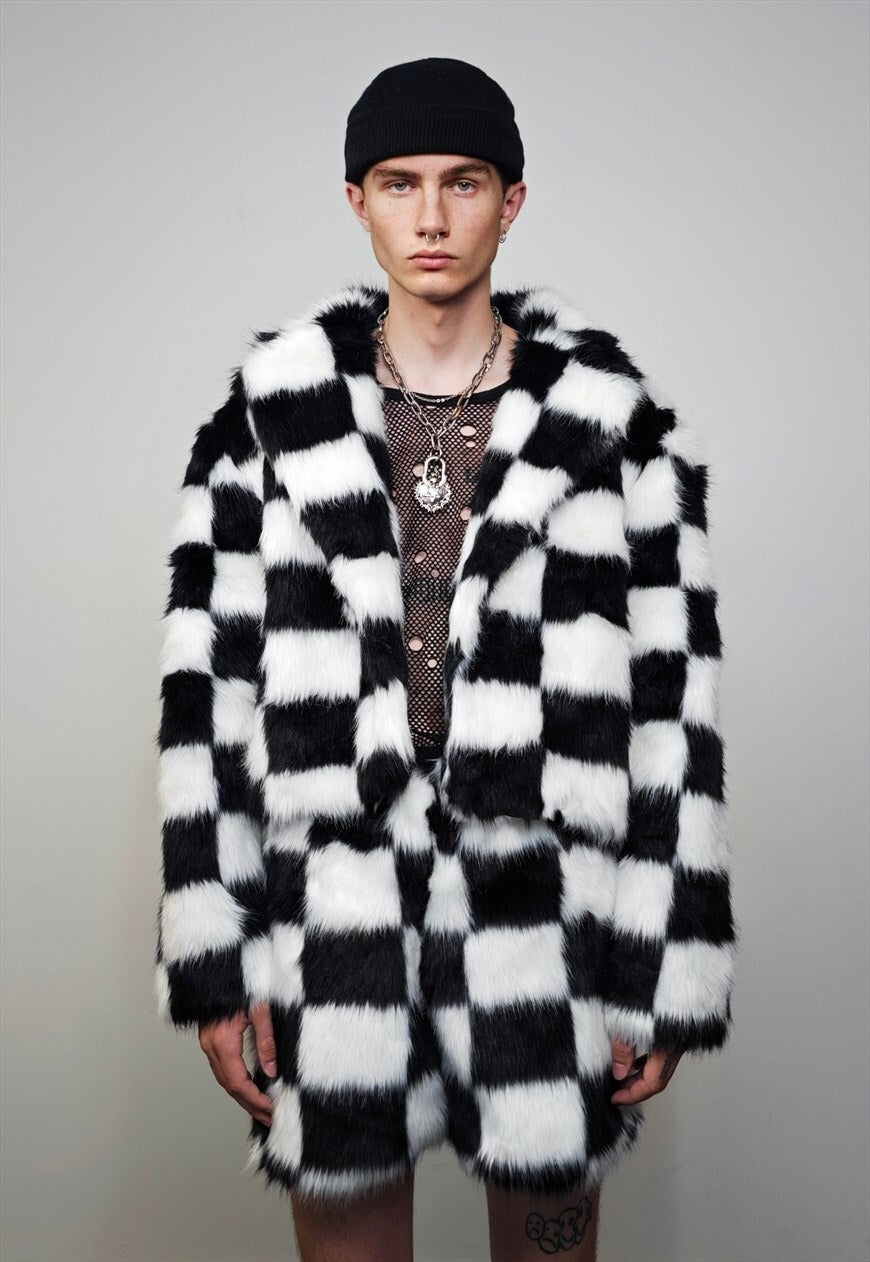 SKA check trench coat faux fur cropped plaid hooded jacket