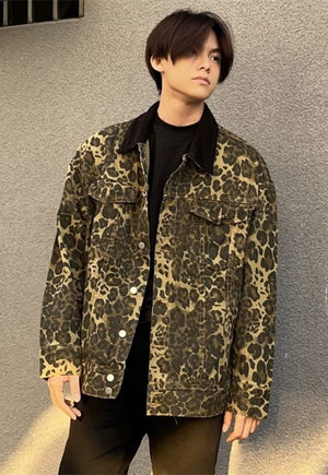 Leopard denim jacket ripped animal jean bomber cheetah coat