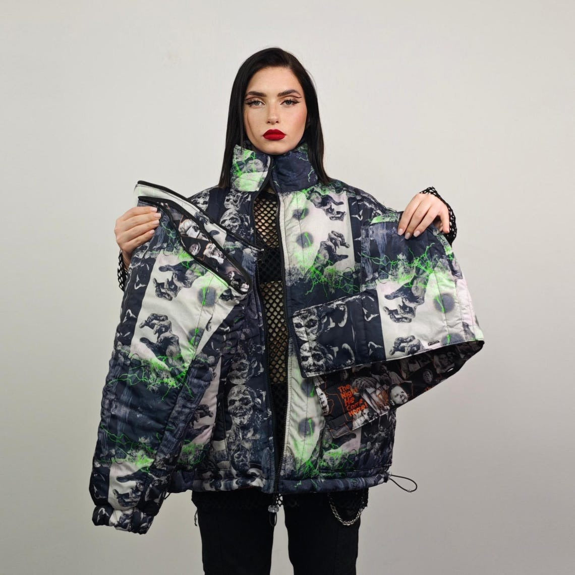Zombie print jacket horror fan bomber reversible creepy punk college varsity detachable sleeves handmade gothic puffer hooded festival coat