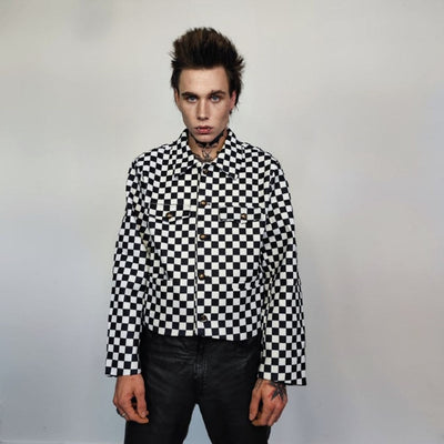 Button up check bomber jacket Chequerboard varsity SKA aviator chess pattern coat in black and white