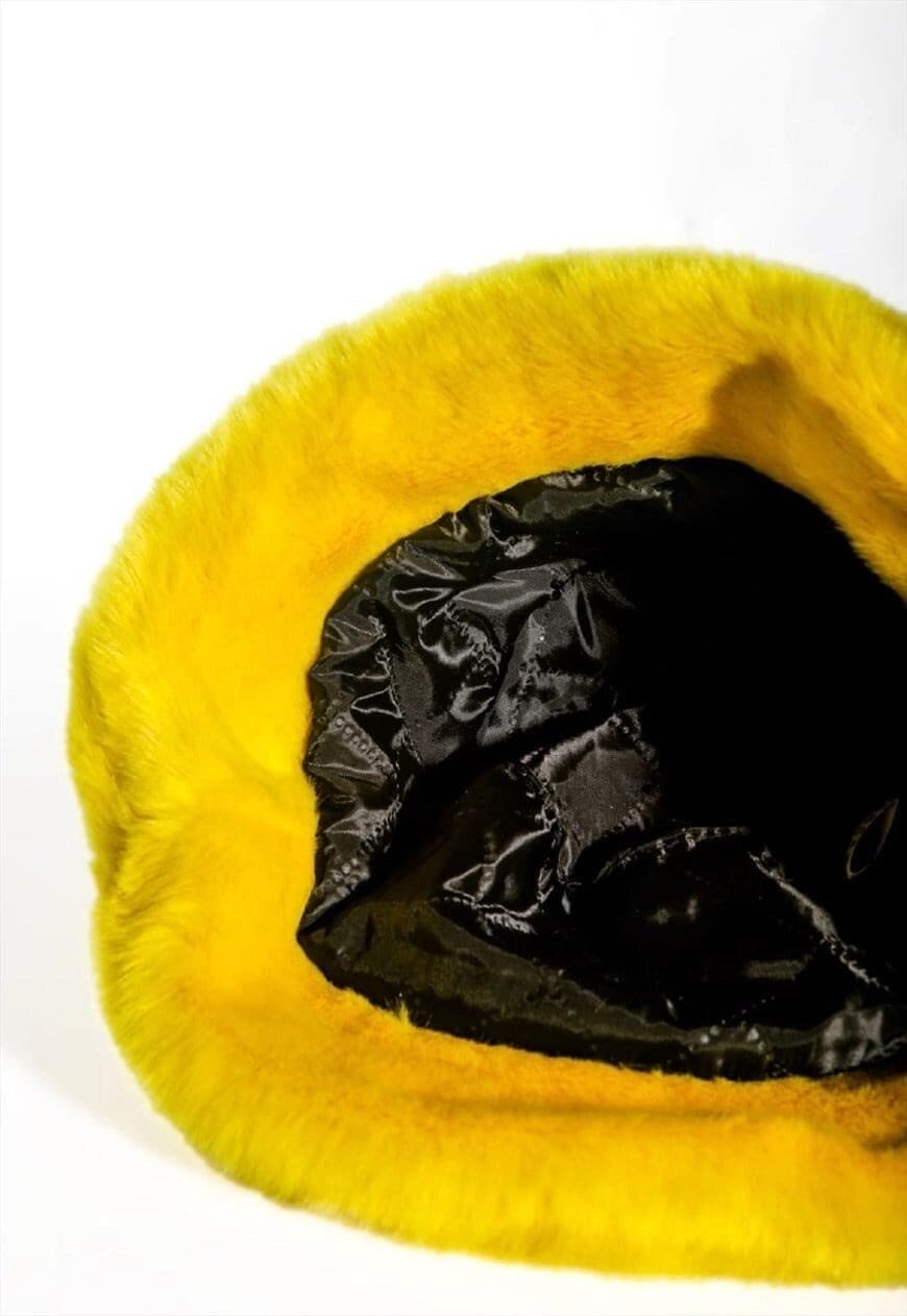 Festival faux fur bucket hat fluffy neon hat rave cap yellow