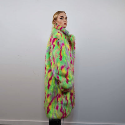 Psychedelic faux fur longline coat shaggy trench bright raver bomber fluffy winter fleece festival jacket neon burning man coat green pink