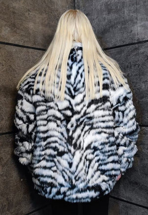 Zebra fleece jacket faux fur stripe fluffy bomber in white