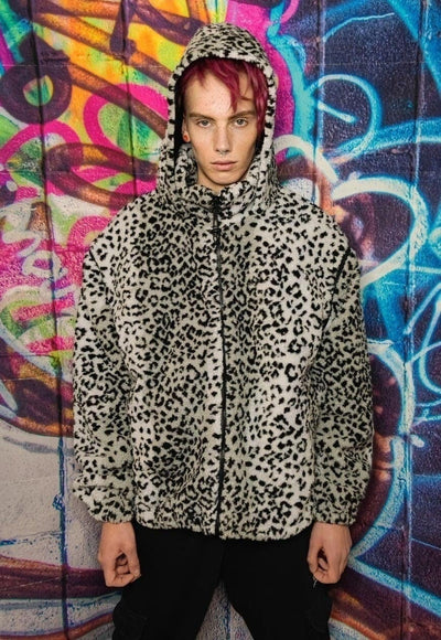 Leopard fleece hooded jacket handmade animal print bomber