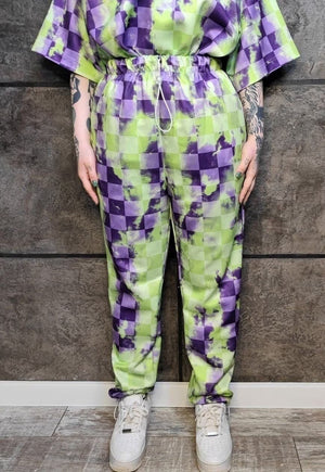 Tie-dye check print joggers handmade chess raver pants green