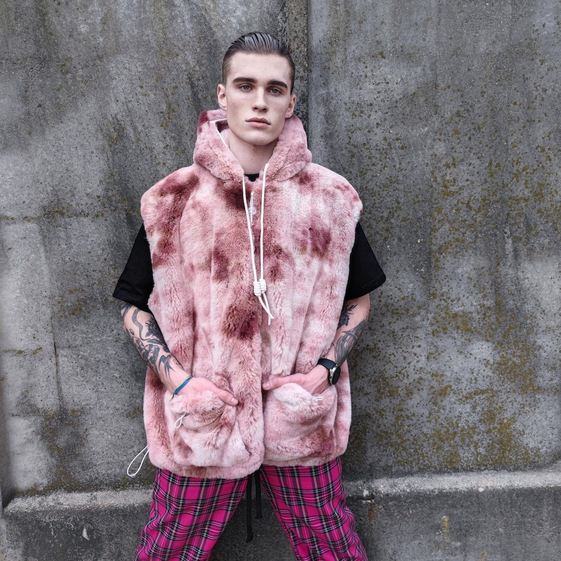 Tie-dye fleece jacket brown hooded gradient bomber luxury fluffy coat detachable sleeves handmade abstract overcoat fuzzy festival set