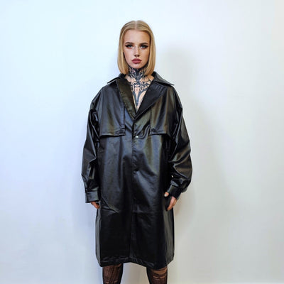 Mid length faux leather coat PU utility trench jacket gorpcore raver varsity going out rubbery high fashion gothic puffer in black