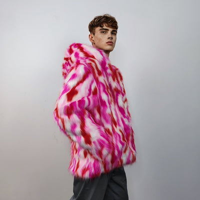 Hooded faux fur striped jacket zebra bomber neon raver coat fluffy tie-dye fleece festival puffer burning man going out overcoat red pink