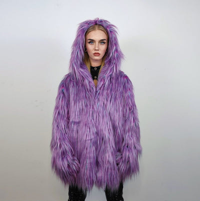 Shaggy faux fur jacket lavender neon bomber rave coat fluffy puffer Taylor Swift fleece luminous festival hood burning man overcoat purple