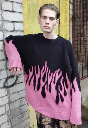 Flame knitwear sweater loose fit fire jumper in bright pink