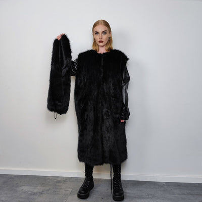 Long faux fur coat handmade fluffy luxury bomber premium fleece jacket detachable sleeve trench in black