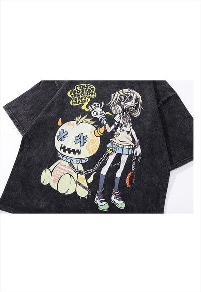 Anime t-shirt Japanese cartoon tee vintage wash top in grey